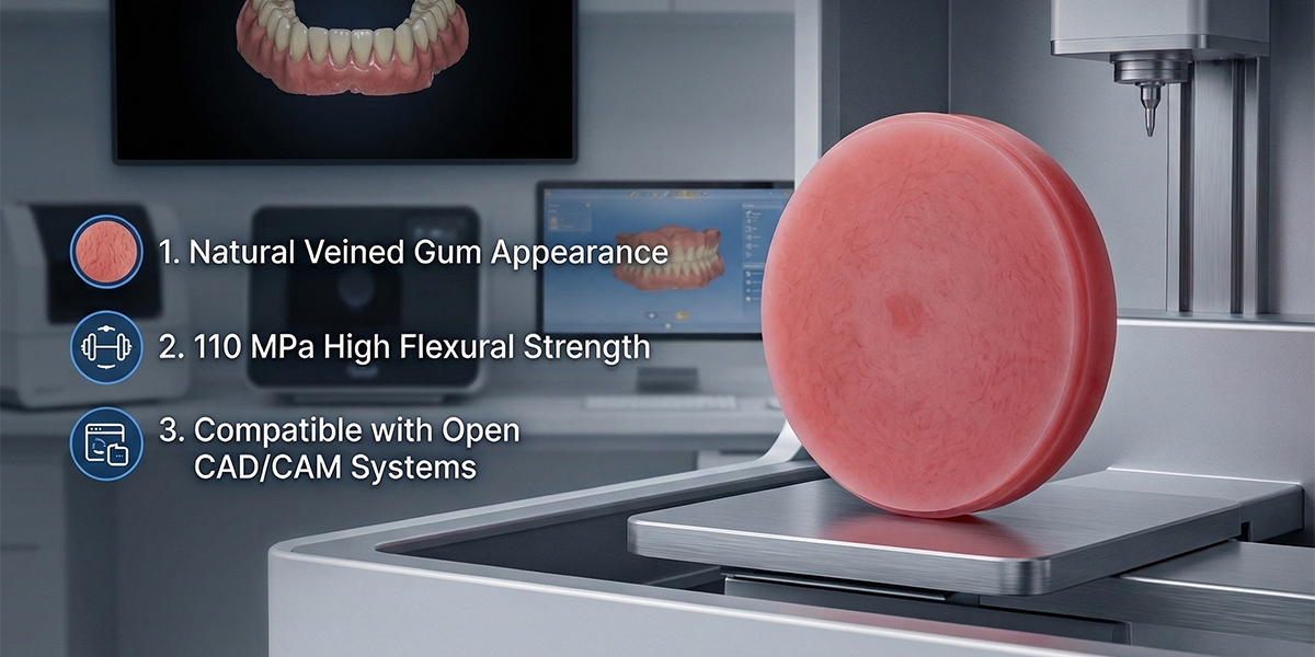 Gum veined PMMA disc for dental lab use